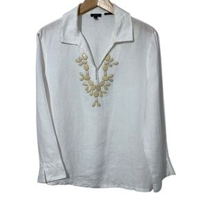 Talbots Womens Irish Linen Top Size M Enamel Embellishment Beading Valentine Day